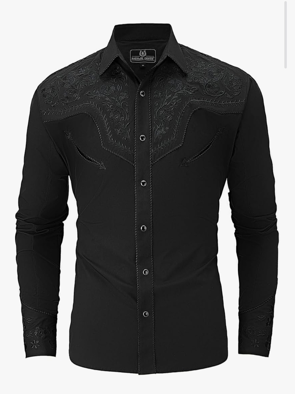 Slim Fit Black Embroidered Western Button-Down Shirt